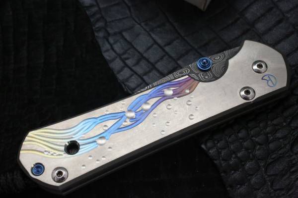 Нож складной Chris Reeve Large Sebenza, сталь дамаск с рисунком "капля дождя", рукоять титан с рисунком "Seagrass"